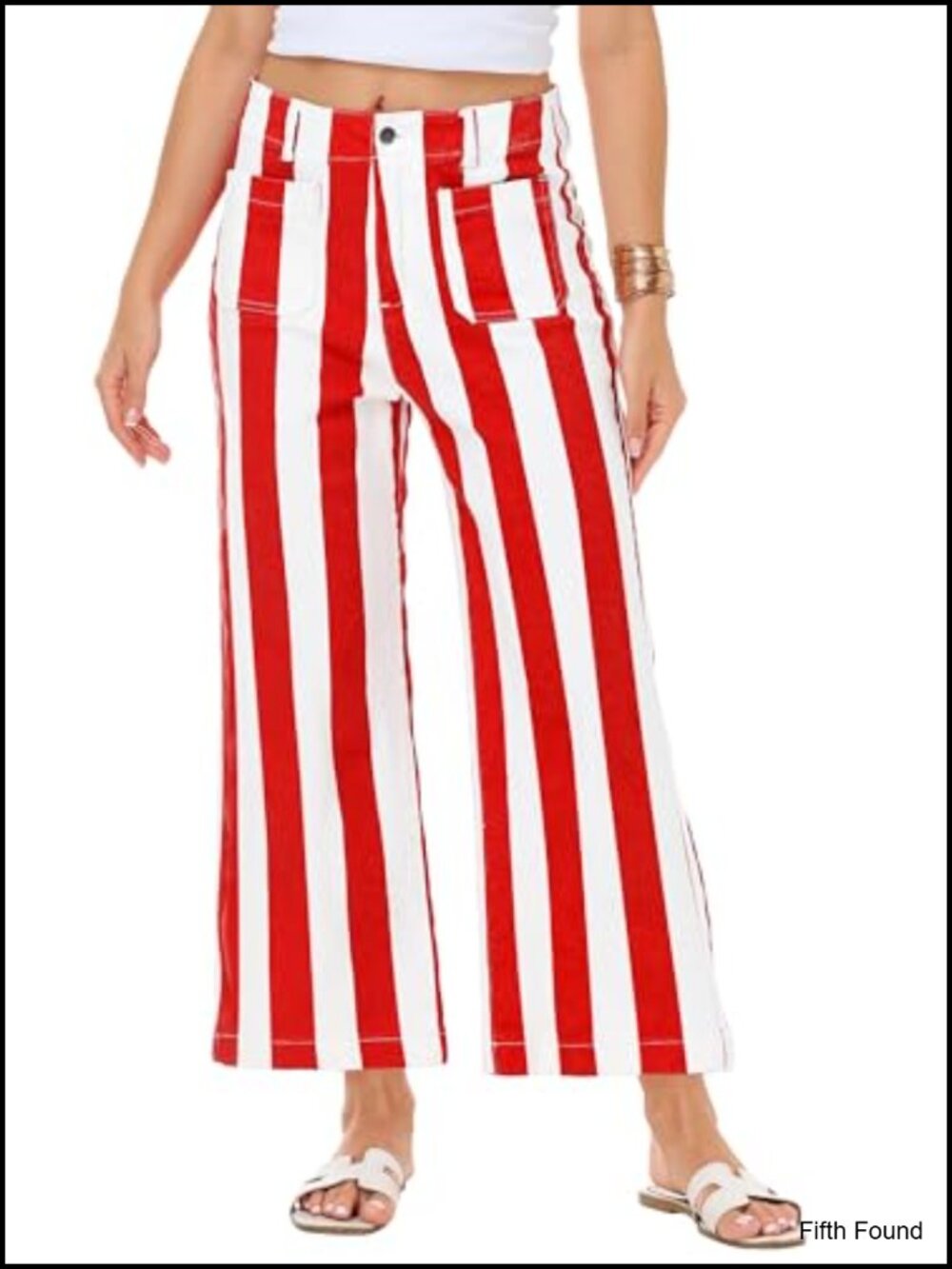 Women's Striped Stretchy Cropped Denim Jeans High Waist Wide Leg Pockets